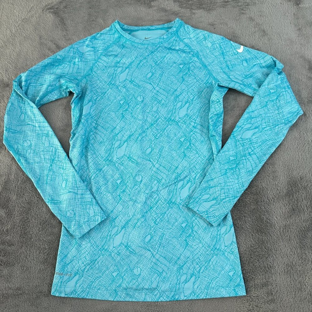 Nike Pro Combat Long Sleeve Tee Shirt Women's MEDIUM Fitted Blue